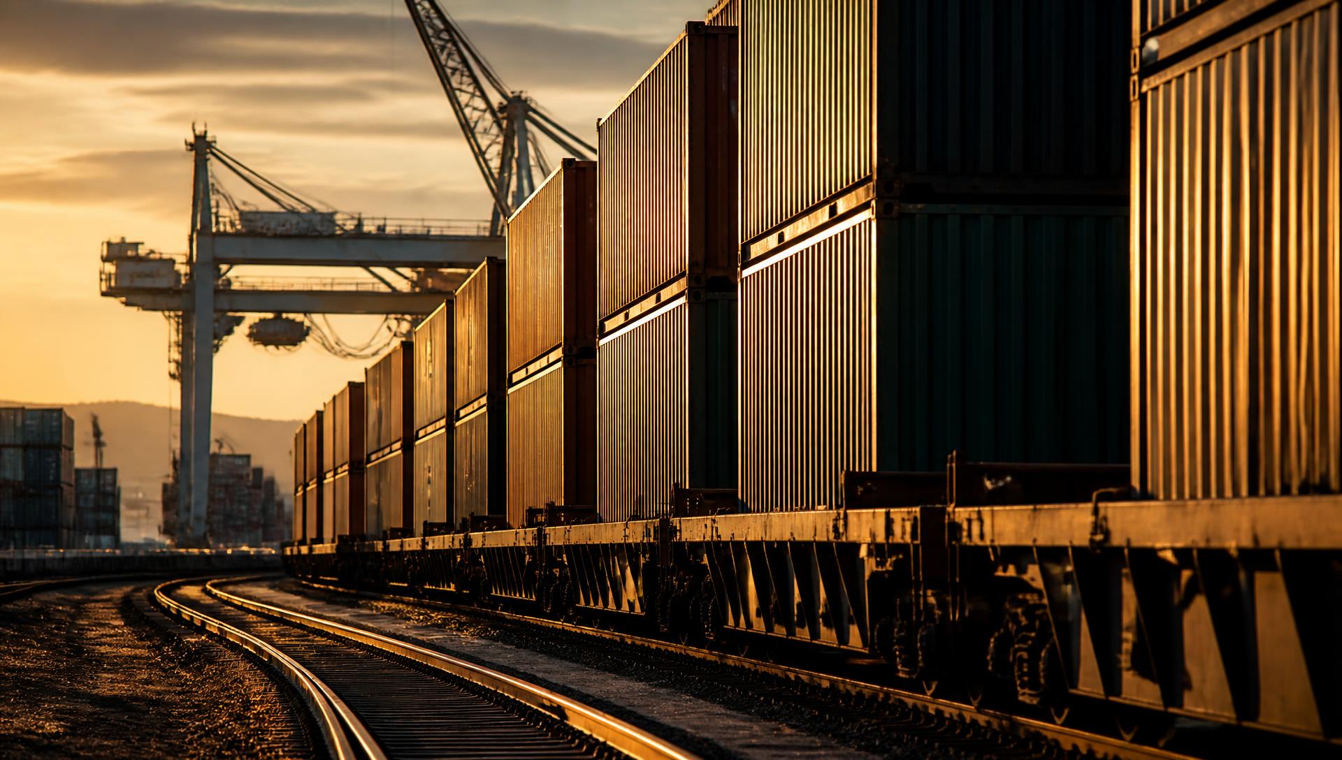 Intermodal container train loaded with freight containers moving through a rail yard at golden hour