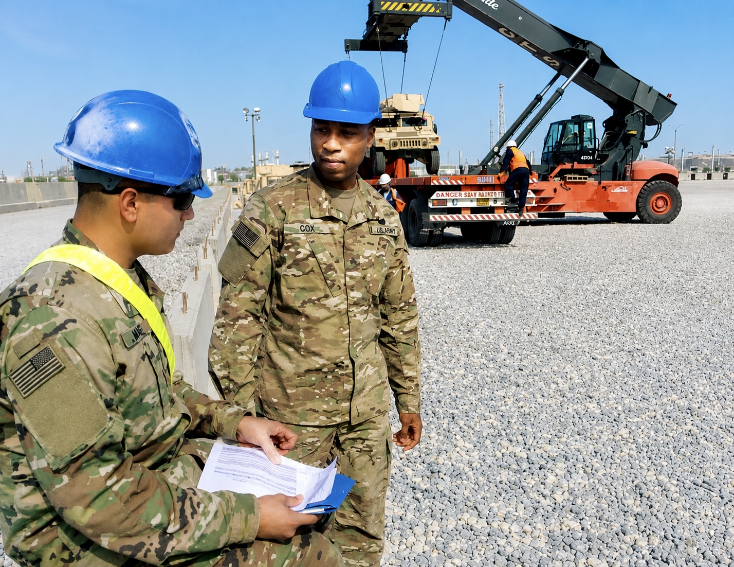 Jonathan A. Cox Jr. coordinating a military cargo movement as a reach stacker loads a tactical vehicle onto a trailer