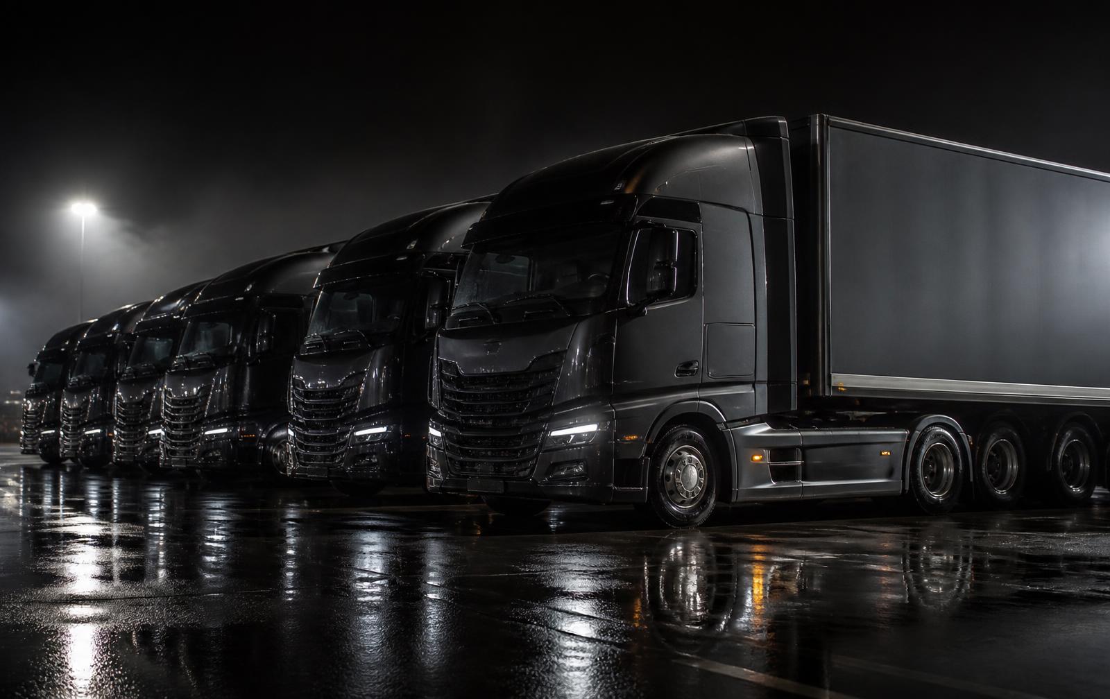 Row of tractor-trailers staged at a freight terminal