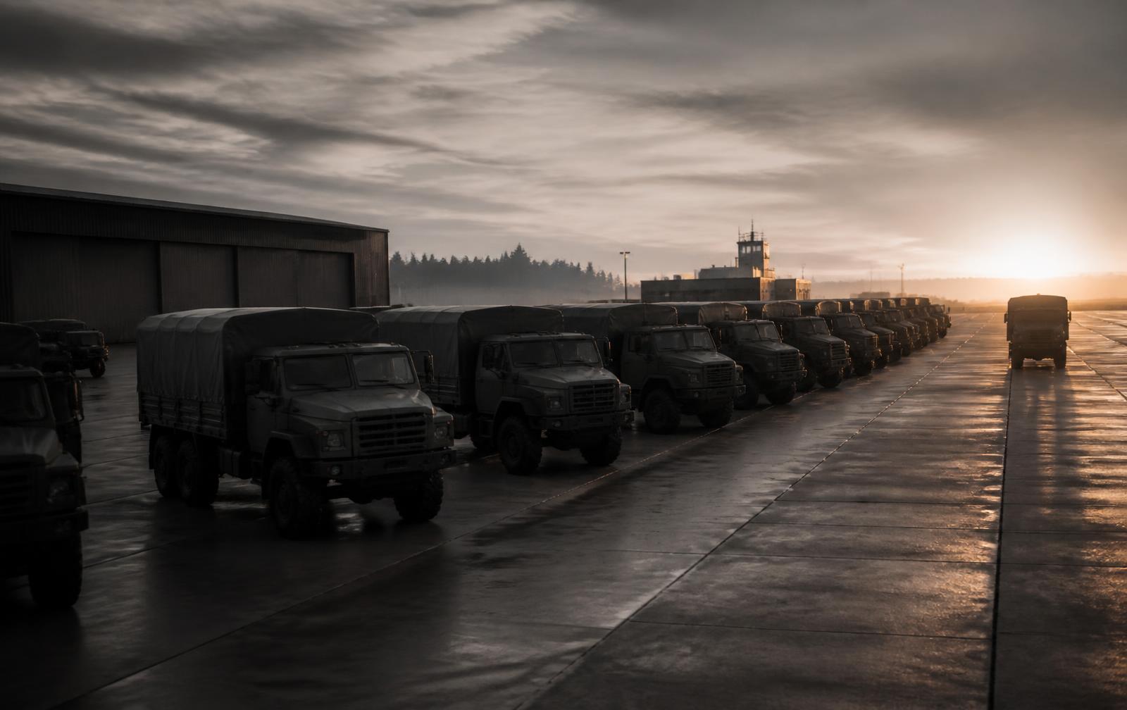 Military tactical trucks staged in formation at a defense installation at first light